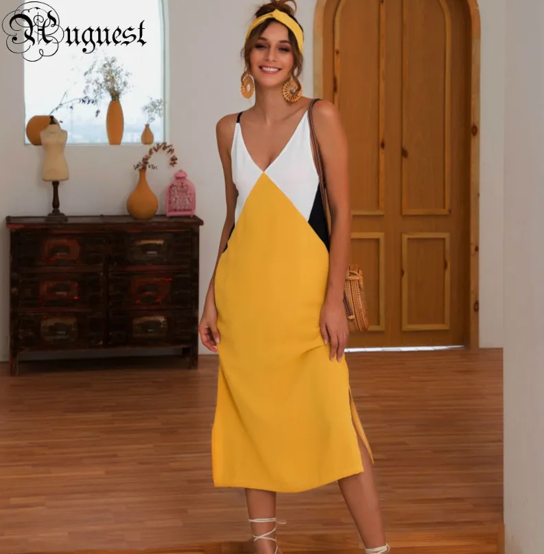 

Uguest Women Straight Dress Patchwork Color Sleveless V-neck Open Back Long Dress Summer Vintage Sexy Party Dresses 2019New Item