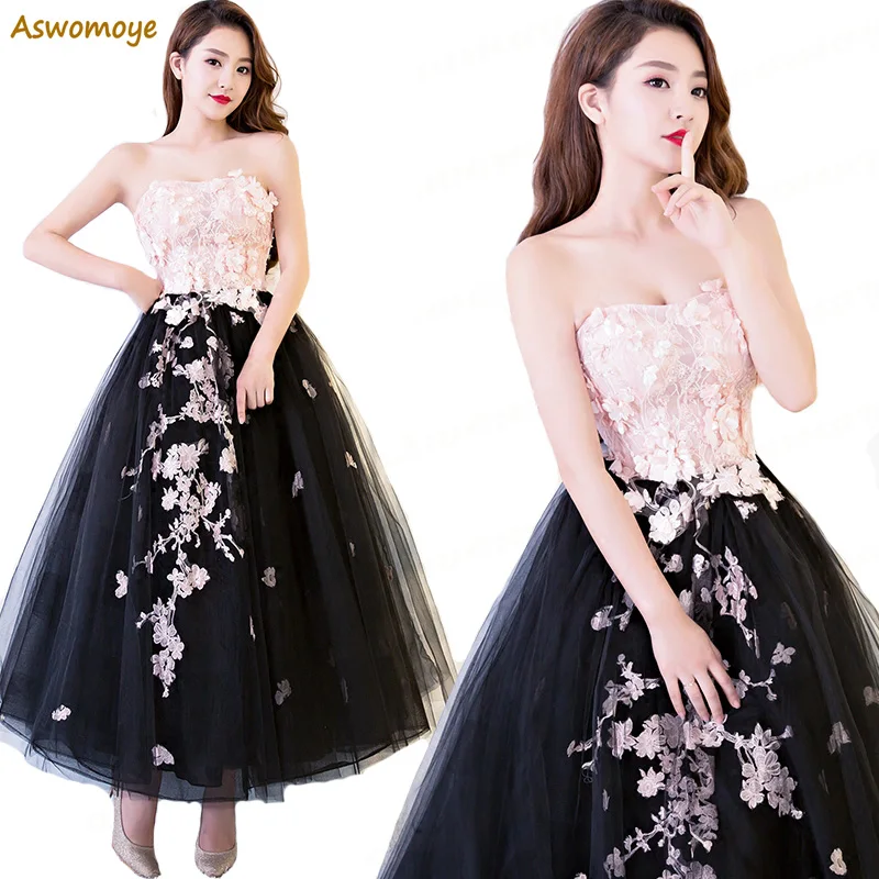 

Aswomoye 2018 New Fashion Elegant A-Line Evening Dress Applique Floral Tea Length Prom Dress Strapless Sweetheart robe de soiree