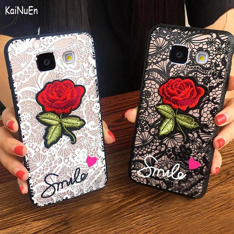 

KaiNuEn luxury fashion Lace Embroidery 3D rose Phone Back cover coque case For Samsung galaxy j7 prime j7prime accessories cases