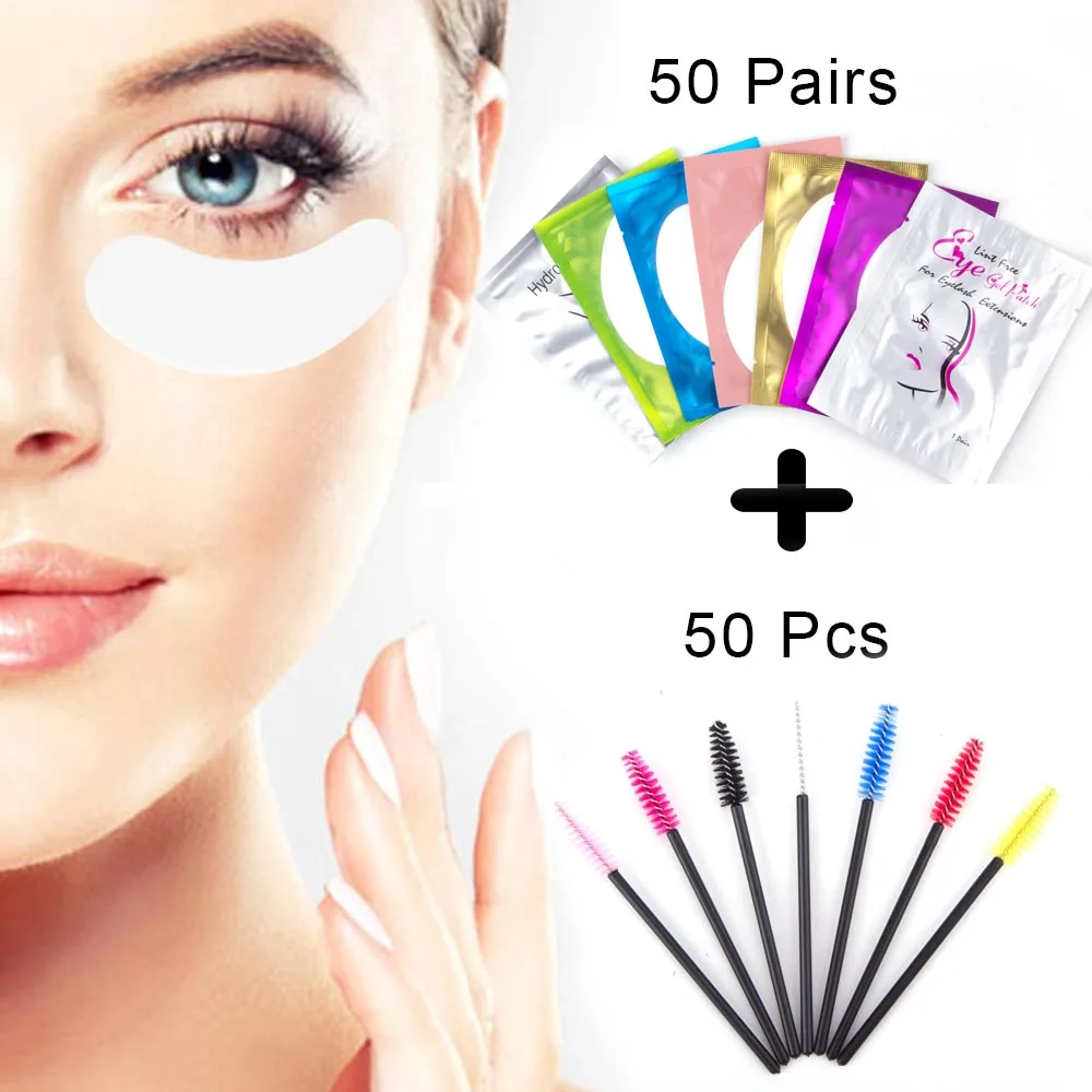 

50Pcs Disposable Eyelash Brush Makeup Brushes With 50 Pairs Eyelash Extension Under Eye Pads Lashes Patches for Eyelashes Makeup