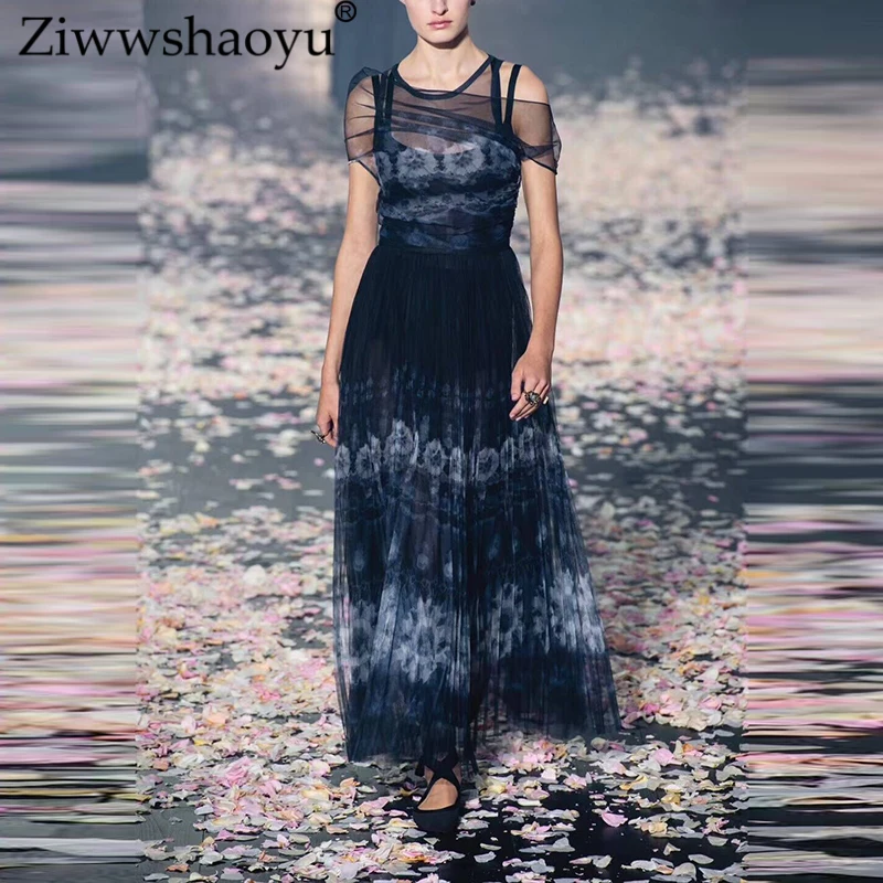 

Ziwwshaoyu Elegant Draped Party dress Print Lace O-Neck temperament Tank dresses 2019 spring and summer runway new women
