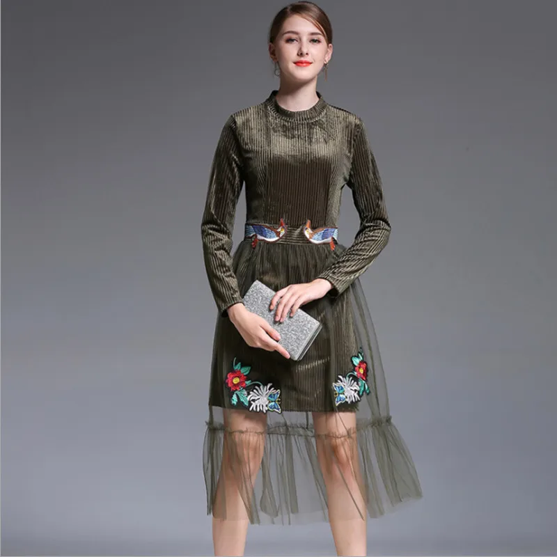 women embroidery velvet mesh patchwork elegant dress 3_