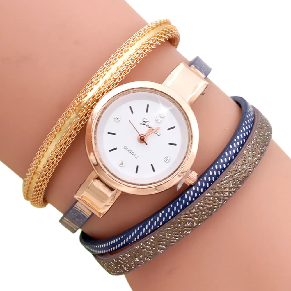 Fashion Wave Point Watch Women Analog Quartz Leather Band Bracelet Wrist Watches Bracelet