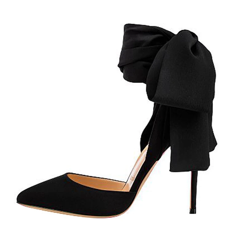 Brand Shoes Elegant Silk Satin Riband Bowknot High Heels Women Pointed Toe Party Wedding Stiletto Shoes 12cm Big Size 34-46