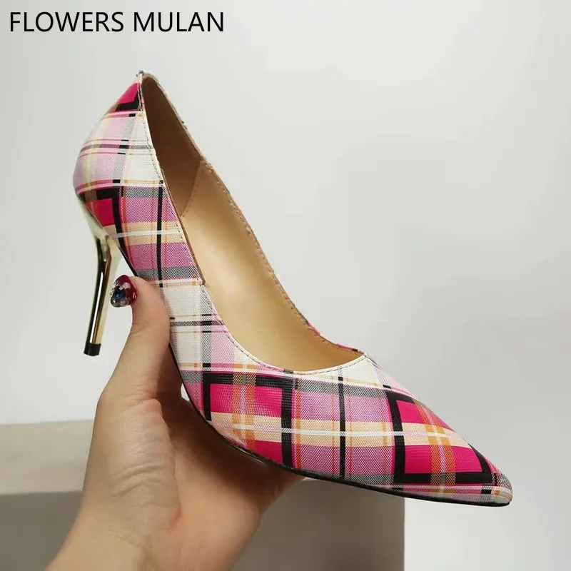 

New Winter Famous Brand Women High Heels Pumps Shoes Chic Pointed Toe Color Plaid Fabric Leather Lady Party Stilettos Slip On
