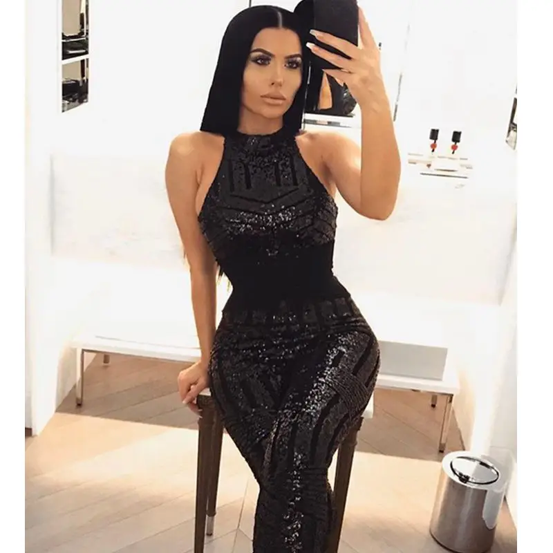 black sequin halter jumpsuit