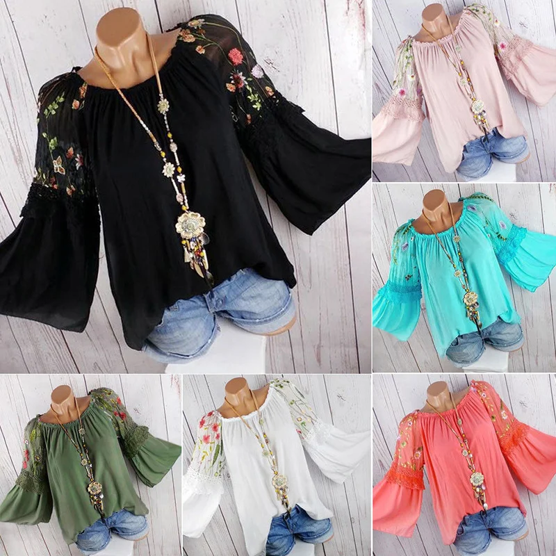 

New Arrival Women Retro Boho Floral Long Bell Sleeve Top Ladies Stitching Mesh Embroidered Tunic Shirt