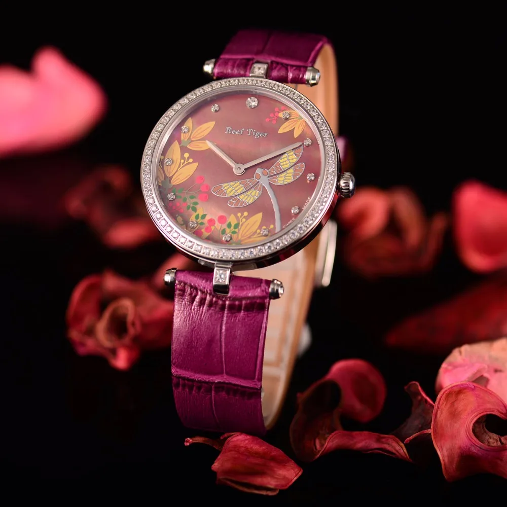 Reef Tiger brand fashion women Watches Fashion Quartz Watch reloj mujer Ladies Dial Leather Strap wrist Watches relogio feminino