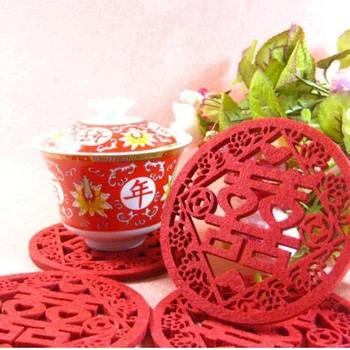 

Quevinal 500pcs Traditional Chinese Style Double Happiness Coasters Non-woven Fabric Wedding Table Decoratioon Party Favor