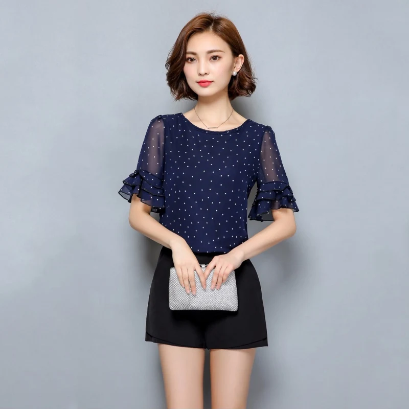 

Elegant Women Blouses Summer 2019 Short-Sleeved Blouse Chiffon Polka Dot Shirt Ladies Shirts Plus Size Fomal Party Clothing Tops