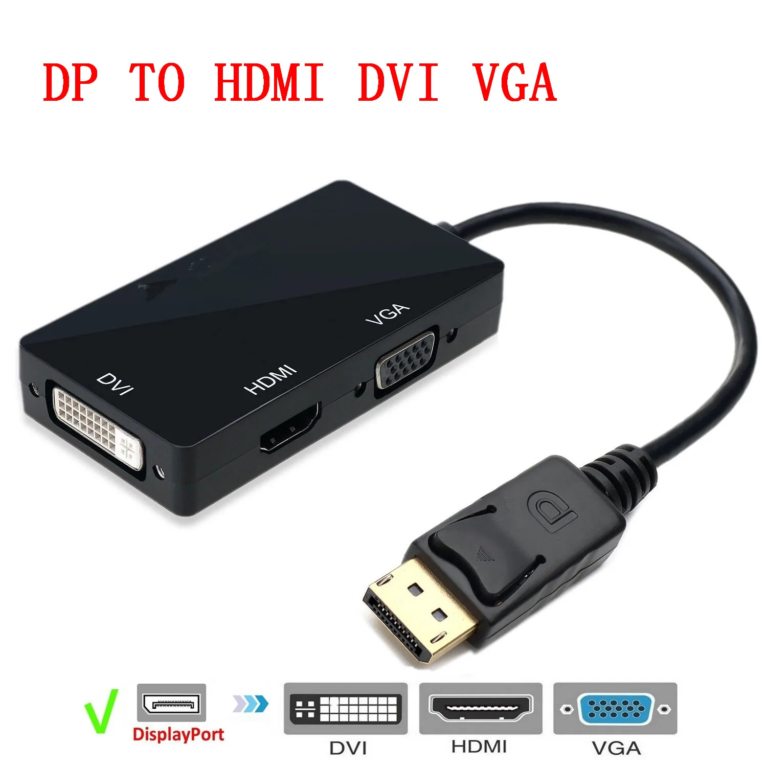 BESIUNI 3 в 1 Дисплей Порт DP к HDMI DVI VGA Кабель-адаптер 1080P Дисплей порт конвертер Разъем для ПК проектор ноутбук HDTV - Цвет: DP to all black