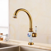 Free Shipping Brass torneira cozinha with porcelain kitchen faucet single handle Gold finish basin sink mixers