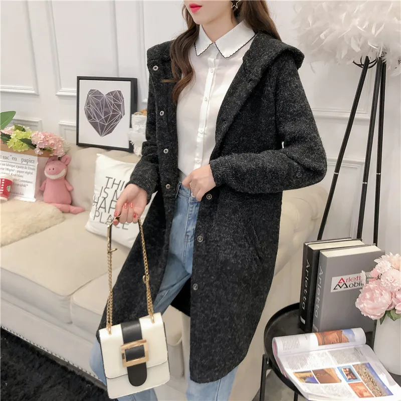 Kemixiaoxuan Новое поступление 2018 вязаные кардиганы с капюшоном женский черный свитер