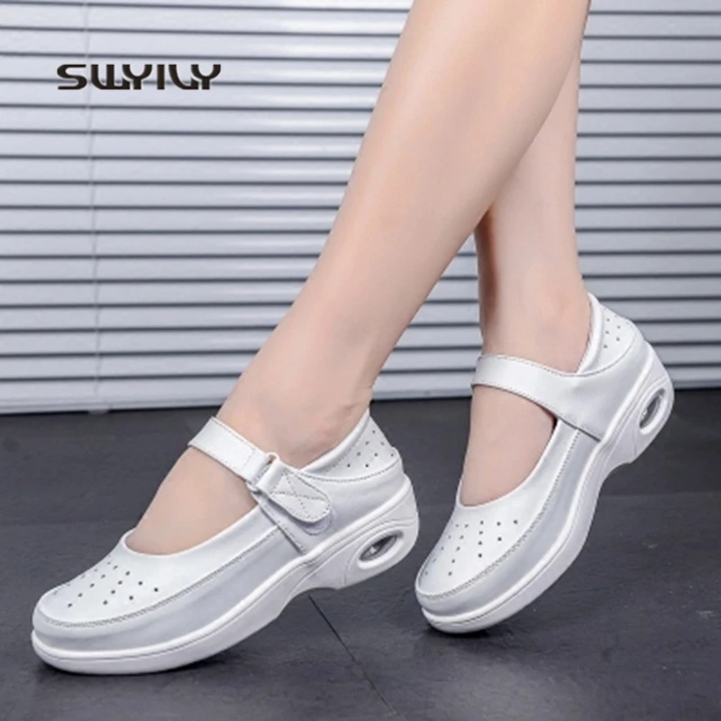 SWYIVY Women Sneakers Hollow Breathable Slimming Shoes New Wedge Cushioning Hook&Loop Female Espadrille Sport Swing Shoes