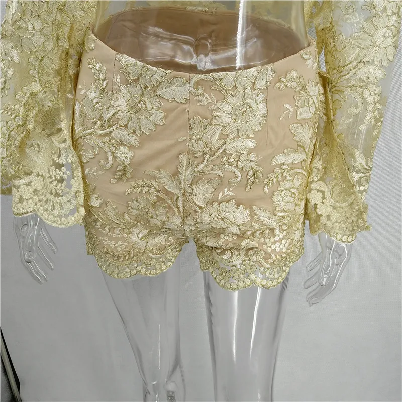 matching tracksuit set Sexy Mesh Two Piece Outfit Women Gold Embroidery Floral Lace Single Button Long Sleeve Shorts Set Chic Bodycon 2 Piece Clubwear tie dye tracksuit set