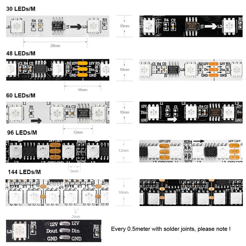 WS2811 SMD 5050 цветных(RGB) светодиодных лент: 5 м 12V 30/48/60/96/144 светодиодов/м, 10/16/20/32/48 пикс./м, 3 светодиода индивидуально адресуемых