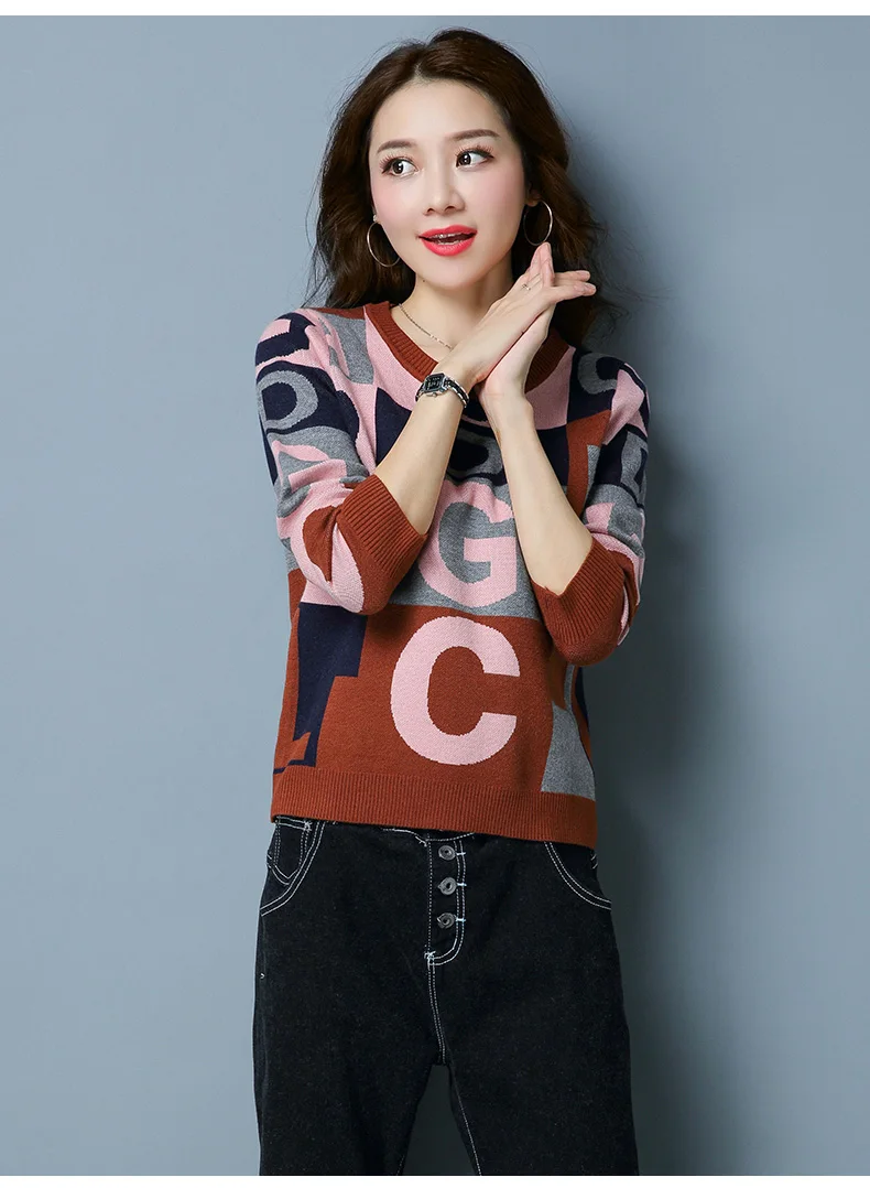 Цветной свитер, Женская куртка, свободная Корейская версия, с короткими рукавами, с длинными рукавами, с круглым вырезом, джемпер, свитер