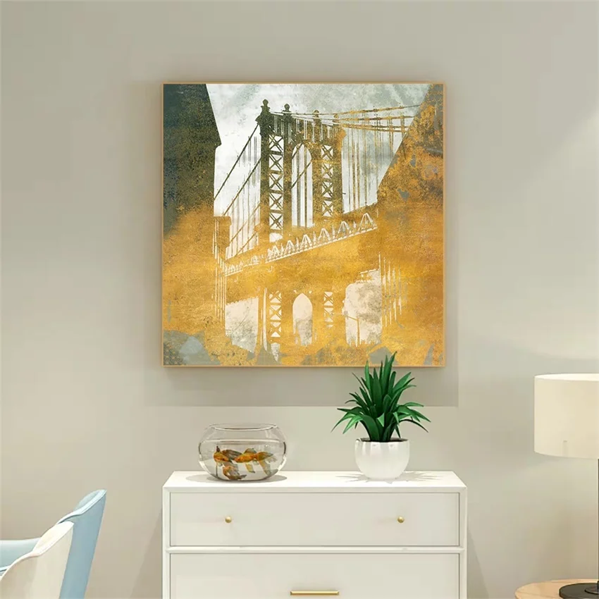 

Laeacco Canvas Calligraphy Painting Vintage Wall Artwork Abstract City Bridge Posters and Prints Home Living Room Decor Pictures