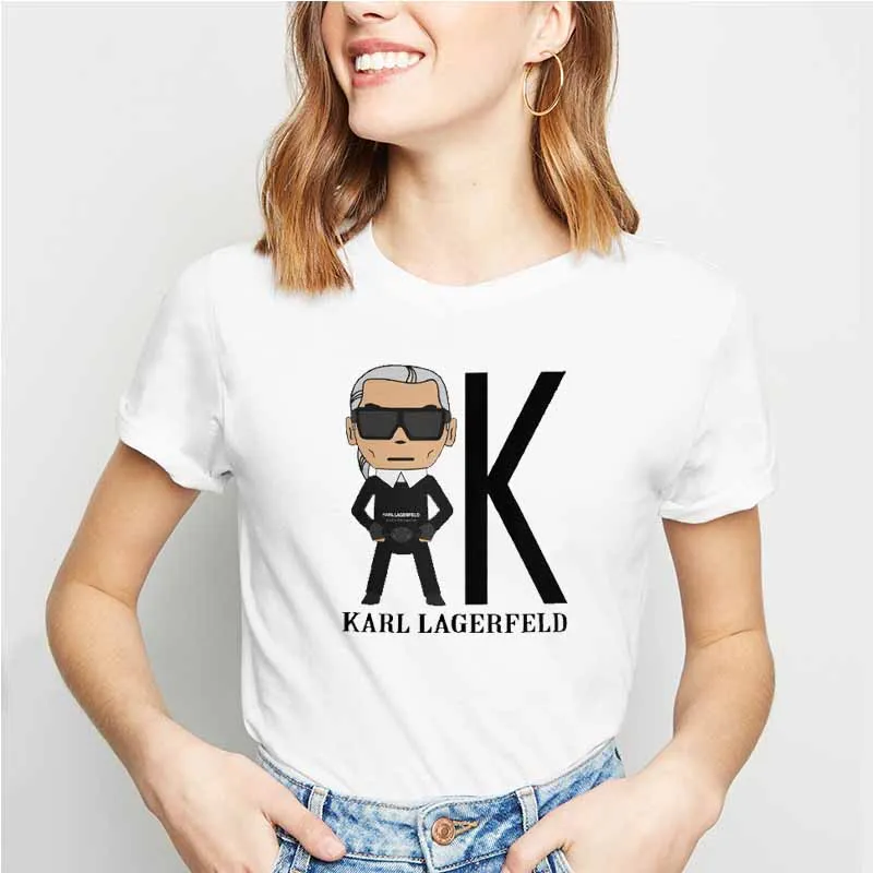 

2019 Vogue Style Karl Lagerfeld T Shirt Women White Funny Cat Printed T-shirt Harajuku Tumblr Karl Who Tops Tees Femme Clothing