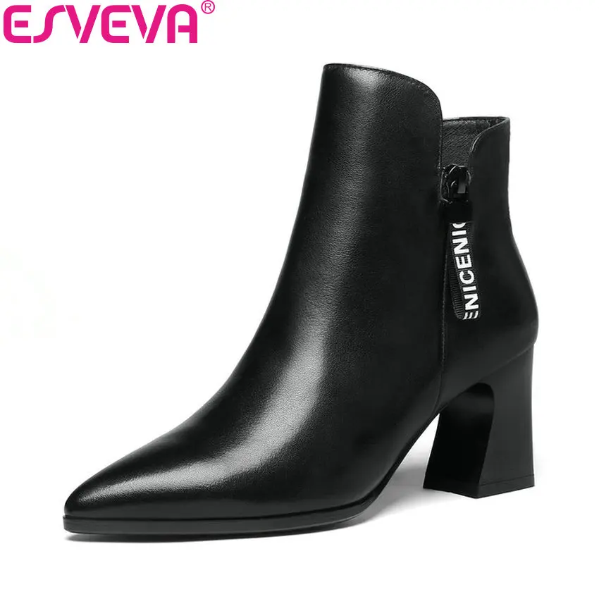

ESVEVA 2019 Women Boots Shoes Sewing Spring Ankle Boots Square High Heels Concise Pointed Toe Boots Zipper Shoes Size 34-42