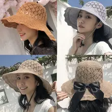 Женская богемная пляжная шляпа ручной работы с плетением бант из атласной ленты Складная Солнцезащитная шляпа с широкими волнистыми полями