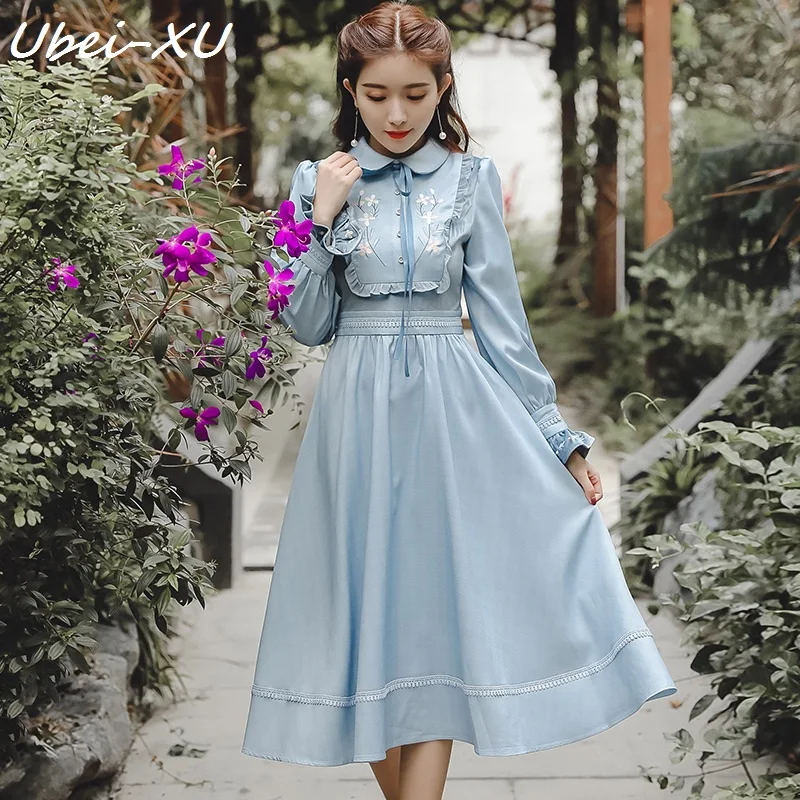 

Ubei New style peter pan collar big hem long dress elegant temperament vintage blue dress floral Embroidery dree