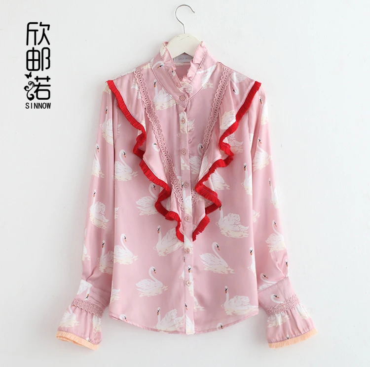 

2017 Spring New Ladies Tassel Fringed Swan Printed Blouse Outfit Shirts Women Long Sleeved Ruffled Collar Blusas Basic Tops