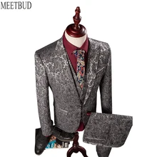 MEETBUD Brand men suit wedding business casual slim fit party groom host silver color jacquard men suits dress 3 pieces