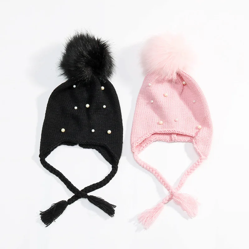 Autumn and Winter Baby Hat Boys Girls Hairball Knitting Hats Children Fashion Pearl Lace Cap Kids Cute Warm Parent-child Hat