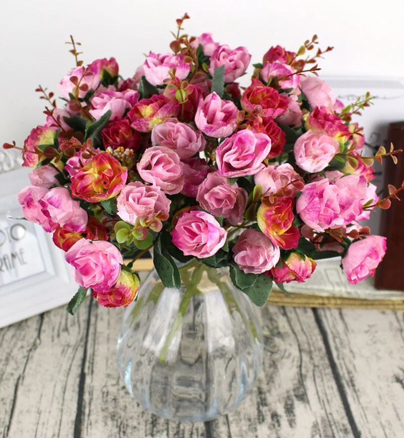 Flone Artificial Silk Rose Bouquet Fake Flowers Home Wedding Display Flower European Rose Small Bouquet Party Decoration (10)