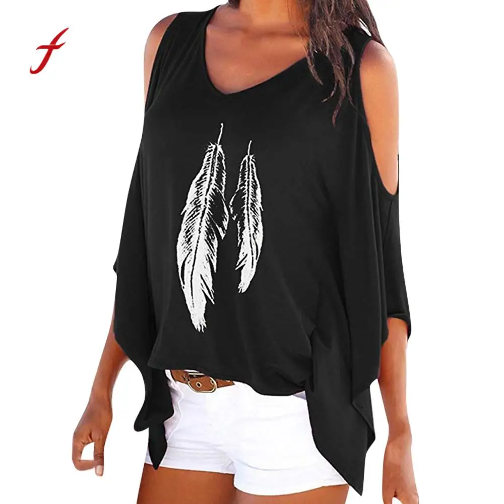 

2018 brand women clothing sexy Cold Shoulder Breathable Feather Print Batwing Long Sleeve Blouse roupas Femininas