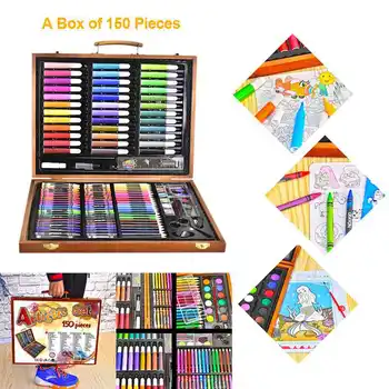 

150pcs Painting Tools Big Box Brush Watercolor Pencil Watercolor Child Stationery Set Wooden Box