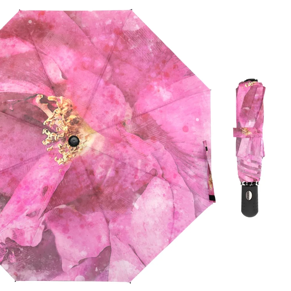 

Susino Flower Painting Pink Windproof Umbrellas Fully-automatic Open Metal Pongee Compact Auto Open CLose Three-folding Umbrella