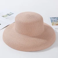 HT2303 2023 New Summer Sun Hats Ladies Solid Plain Elegant Wide Brim Hat Female Round Top Panama Floppy Straw Beach Hat Women - Image 5
