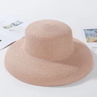 HT2303 2023 New Summer Sun Hats Ladies Solid Plain Elegant Wide Brim Hat Female Round Top Panama Floppy Straw Beach Hat Women 5
