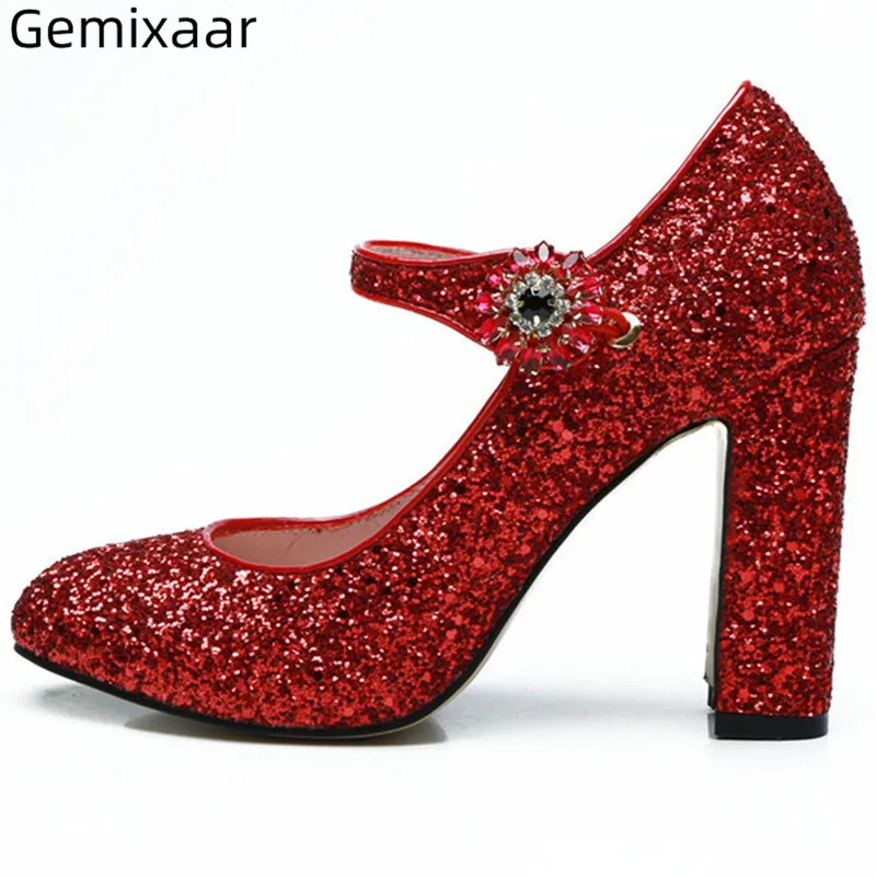 

Claret Bling Woman Pumps Round Toe Ankle Buckle Decor Jewelry Flower Wedding Zapatos Chic Chunky Square High Heel Woman Pumps