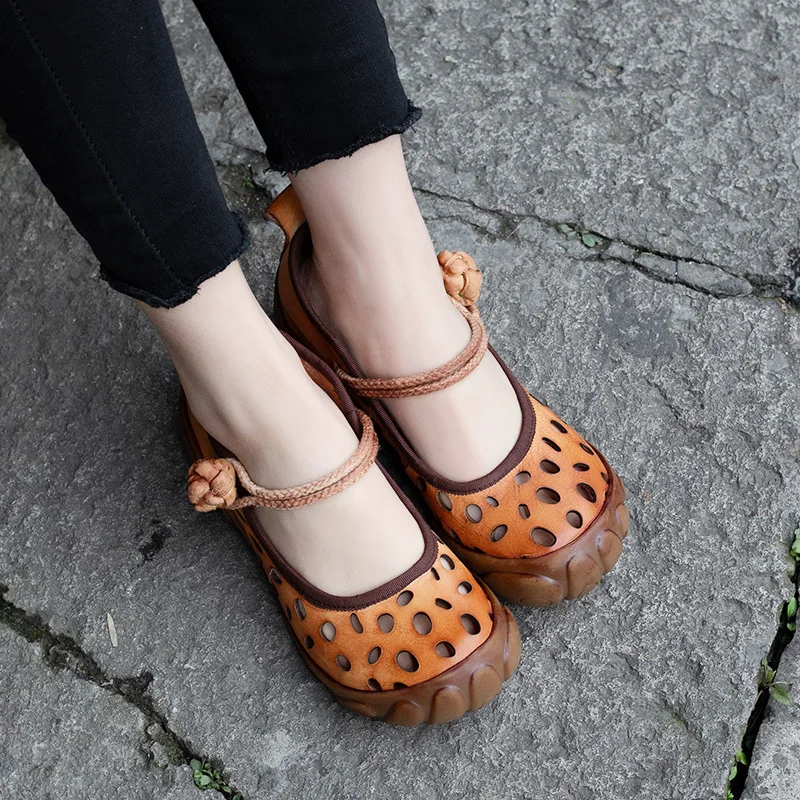 

Genuine Leather Women Pumps Wedges Casual Female Shoes Low Heel Mary Jane Shoes Hollowed-out