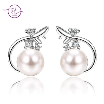 Stud earrings for women silver 925 jewelry Round Freshwater Pearls AAA  Zircon Flower Engagement Wedding Party Korean Style