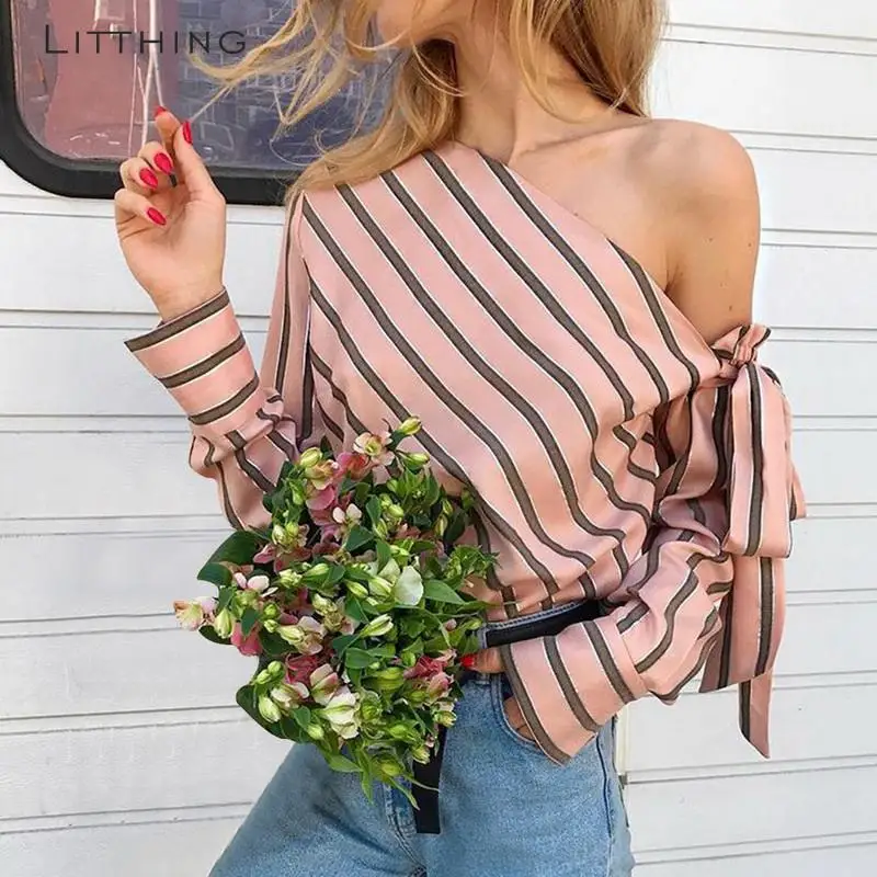 

LITTHING 2019 Striped Chiffon One Shoulder Women Blouse Shirt Summer Casual Female Blouses Blusas Shirts Tops Sexy Streetwear