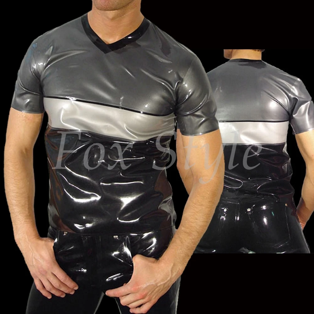 Men 's Male 's Comfortable latex T shirt tees Custom made in black