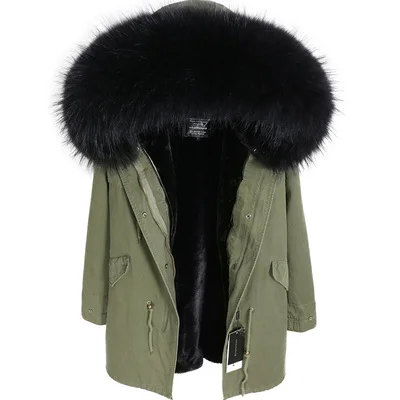 Пальто с натуральным мехом зимняя куртка женская длинная парка верхняя одежда с воротником из натурального меха енота черная уличная одежда 3 в 1 модный бренд - Цвет: green black