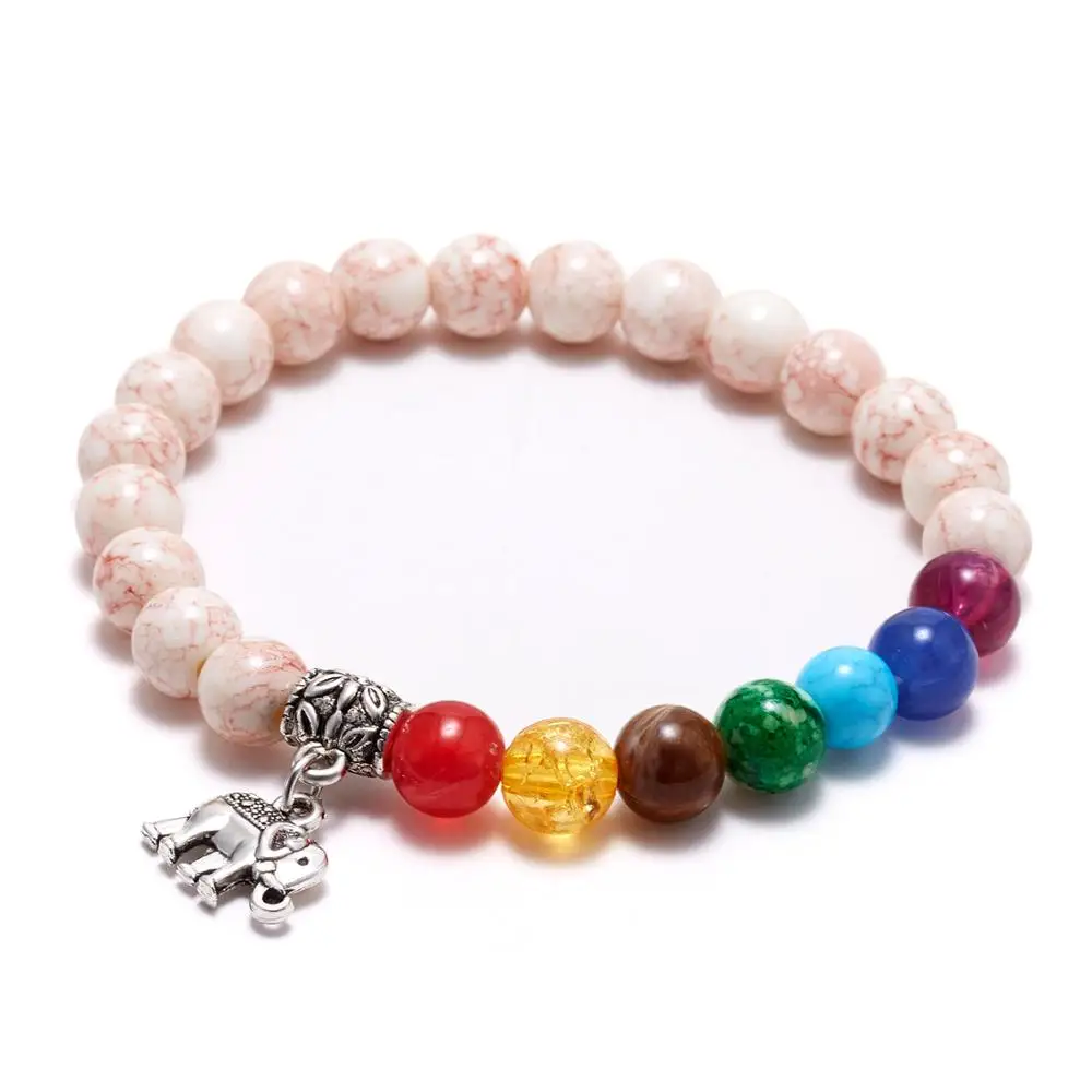 

Belleper High Quanlity Seven Chakras Hand Chains White Natural Stones Beads Jewelry Elephant Charms Rainbow Elastic Bracelet