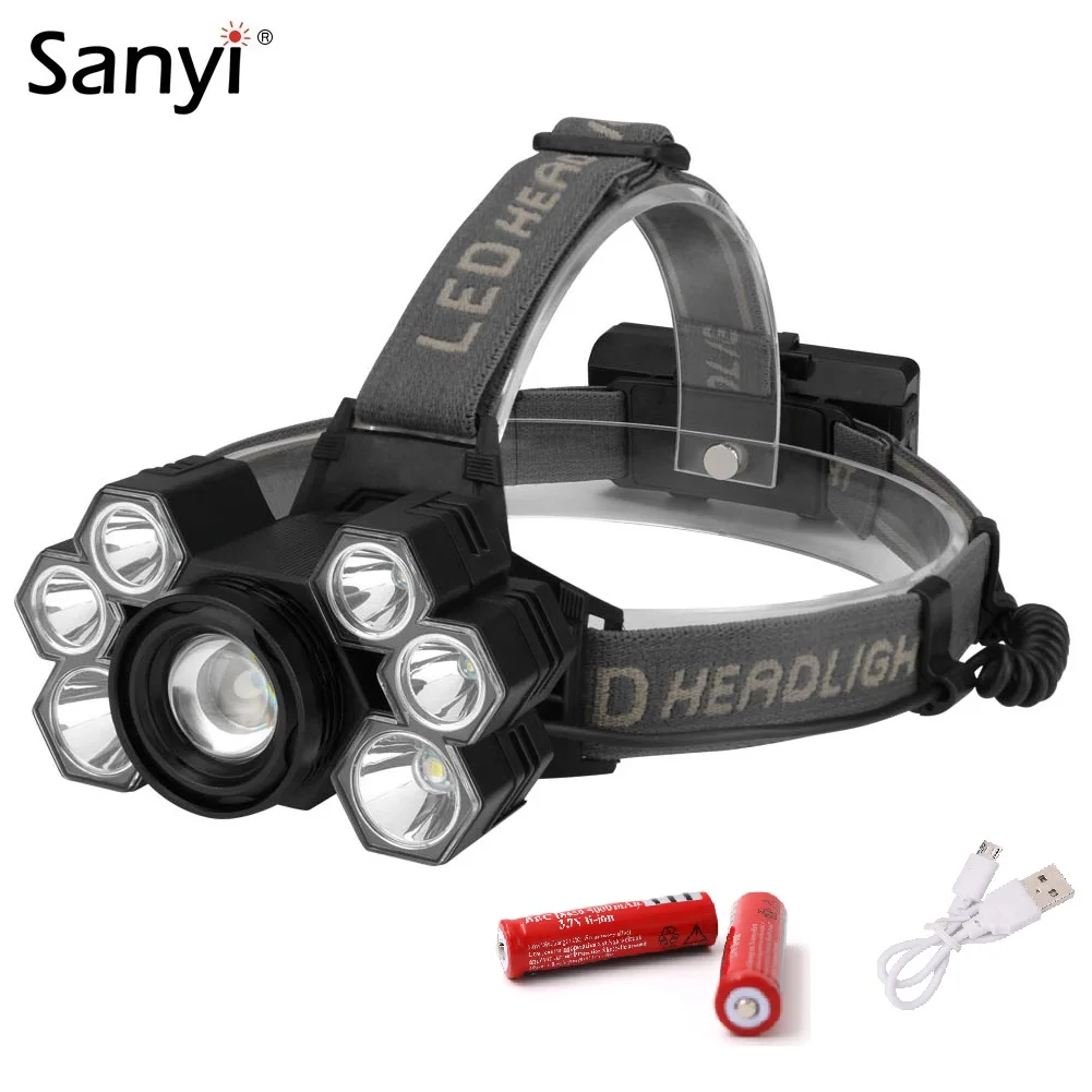 Sanyi 3 * T6 + 4 XPE светодиодный масштабируемый налобный фонарь 5 режимов с зарядкой от