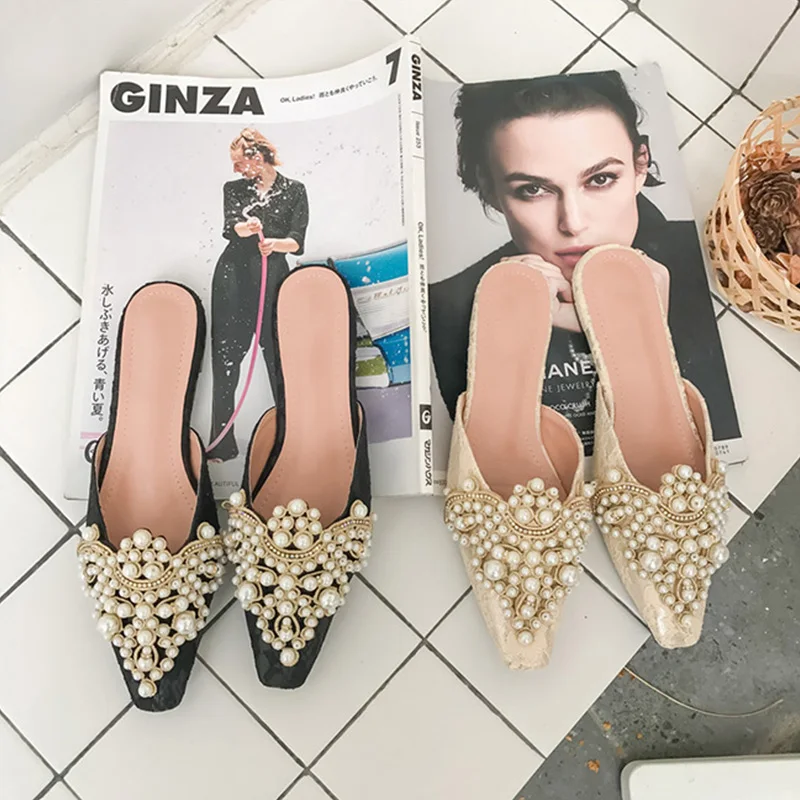 

Boussac Luxury Pearl Women Mules Shoes Vintage Square Toe Rhinestone Women Flats Shoes Elegant Lace Ladies Shoes SWA0298