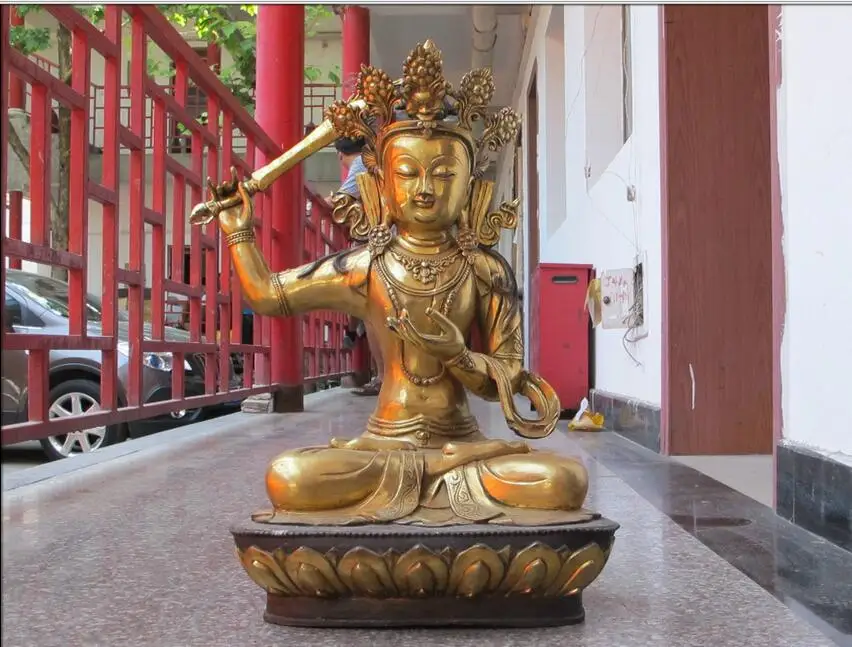 

25"Tibet Bronze Gild Buddha lion lotus hat Kwan yin Manjusri Buddisattva
