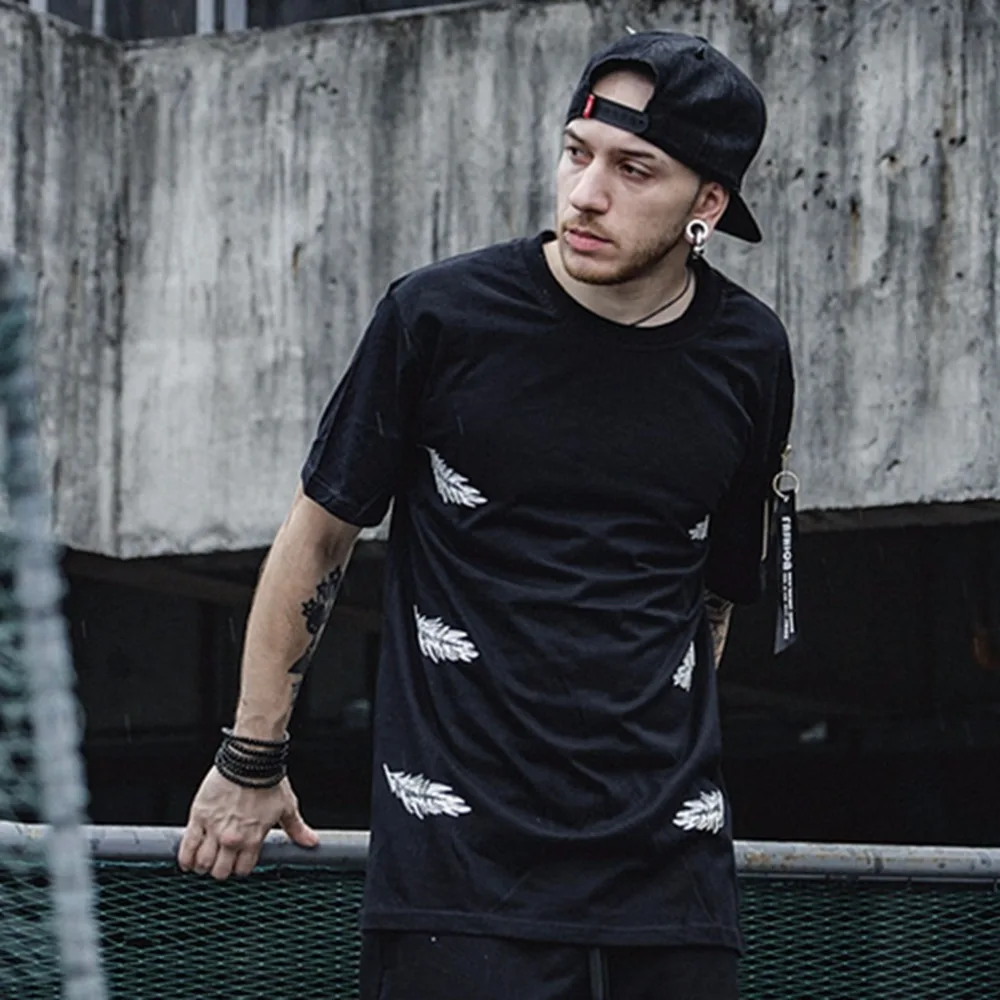 

Summer Hip Hop T Shirt Fashion Mens Black Feather Print+Embroidery Tees Shirts