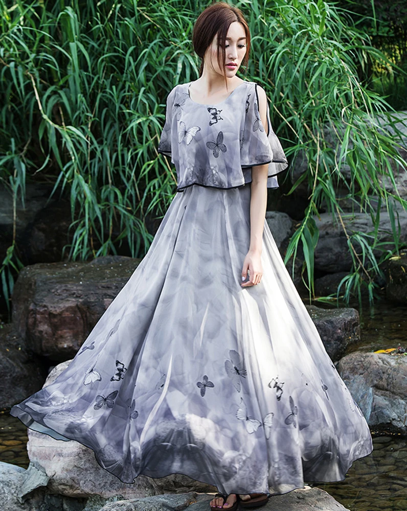 

Summer Lolita Chiffon Slim Bohemia Purple Dress Beach Maxi Vintage Casual Sundress Ruffles Boho Bohemian Flower Printed Dresses