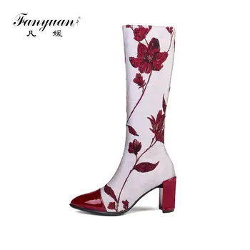 

Fanyuan Winter Plant flower pattern Fashion boots Women Shoes National style High Heel Zipper Boots Pointed Toe Knee-high Boots