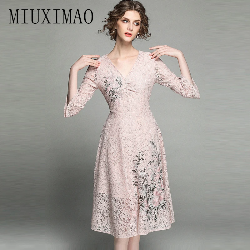 

High Quality Latest 2018 Spring & Summer A-Line V-Neck Three Quarter Hollow Out Lace Mid-Calf Casual Elegant Fashion Dress Women