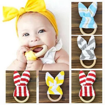 

DHL 500pcs Cute Baby Rabbit Ear Teether Kid Safe Natural Wooden Ring Bracelet Toddle Teething Chew Toys for Baby Care